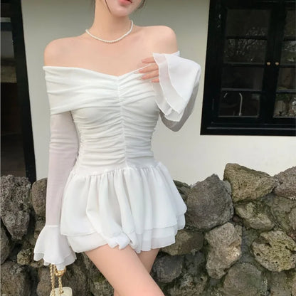 Elegant Mini White Dresses for Women Slash Neck Flare Sleeves Slim Waist Ruffles A-line Korean Fashion Short Vestidos Mujer New