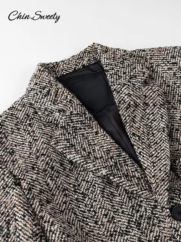 Winter With Belt Blazer Coat Women Loose Lapel Tweed Wool Blends Warm Jacket Fashion Temperament Commuting Lady Elegant Outwear
