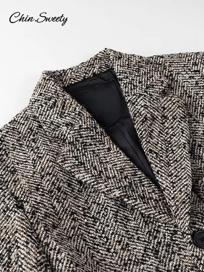 Winter With Belt Blazer Coat Women Loose Lapel Tweed Wool Blends Warm Jacket Fashion Temperament Commuting Lady Elegant Outwear