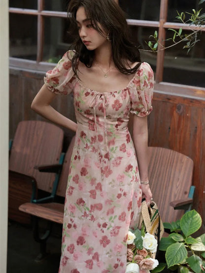 French Vintage Floral Printed Midi Dresses for Women Summer Puff Sleeve Square Collar Slim Party Dress Casual One Piece Vestido