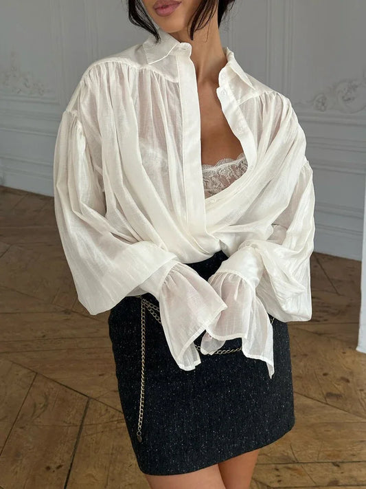 Casual Loose See-Through Shirts Women’s Autumn Lapel Long Sleeve Patchwork Blouse Top Streetwear Female Solid Shirts Top