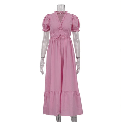 Leisure V-Neck Lace Up White Maxi Dress For Women Solid Color High Waisted Short Sleeves Ruched Patchwork Girdle Dress