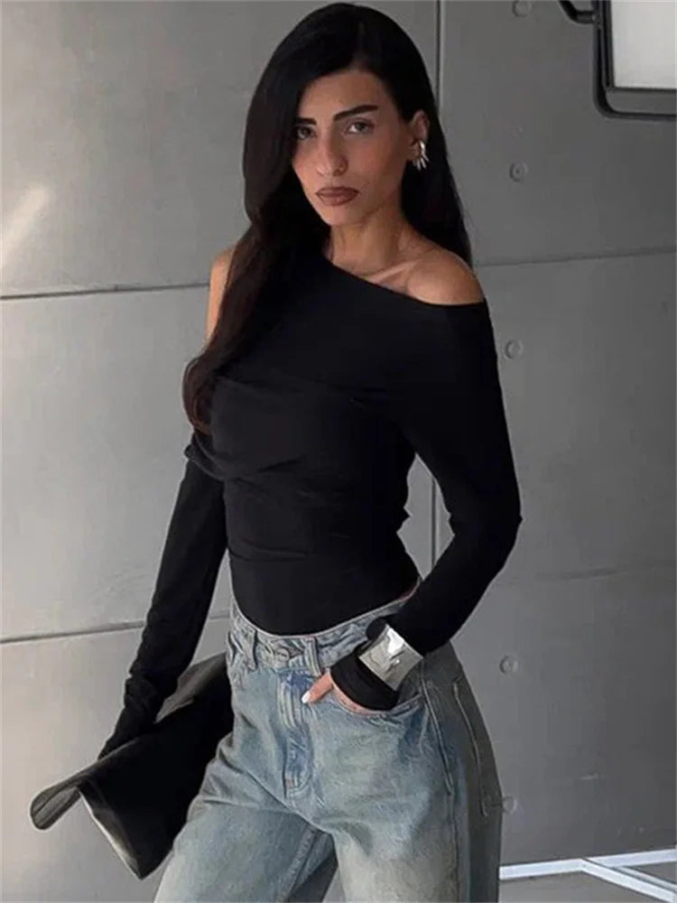 Black Off-Shoulder Long Sleeve T-shirt For Women High Waist Autumn  Slim Fashion Pullover Top Ladies Solid Y2k Tee Top