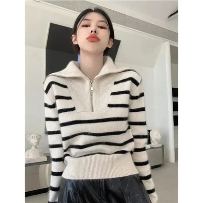 Autumn Winter Female Pullover Knit Loose Clothing Zipper Pullovers Shirts and Blouses Long Sleeve Traf Store Knitwears
