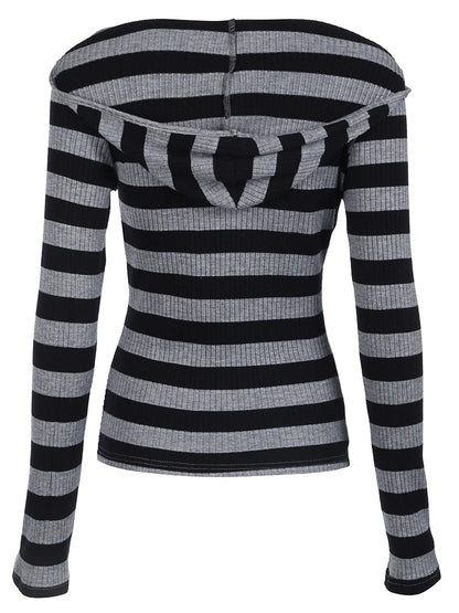 Black Dark Gray Stripe Hooded T-Shirt Women V Neck Slim Long Sleeve Basic Spring Autumn Ribbed Top Preppy Streetwear Tee
