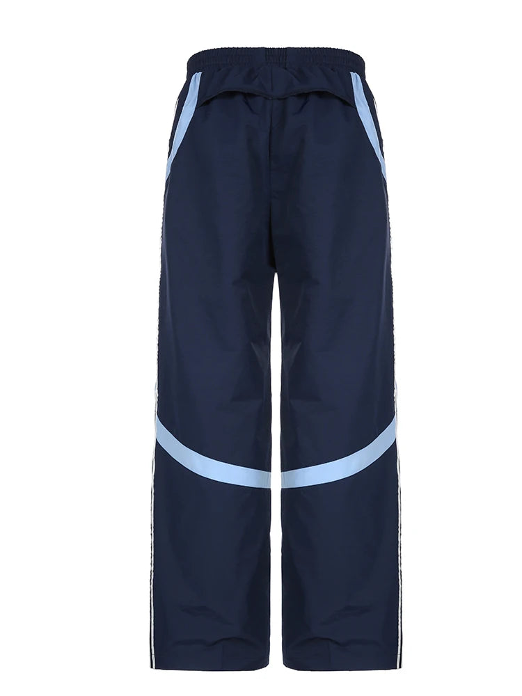Contrast Stripe Wove Straight Leg Pants For Women Elastic Waist Casual Loose Baggy Trousers Street Jogging Sweatpants