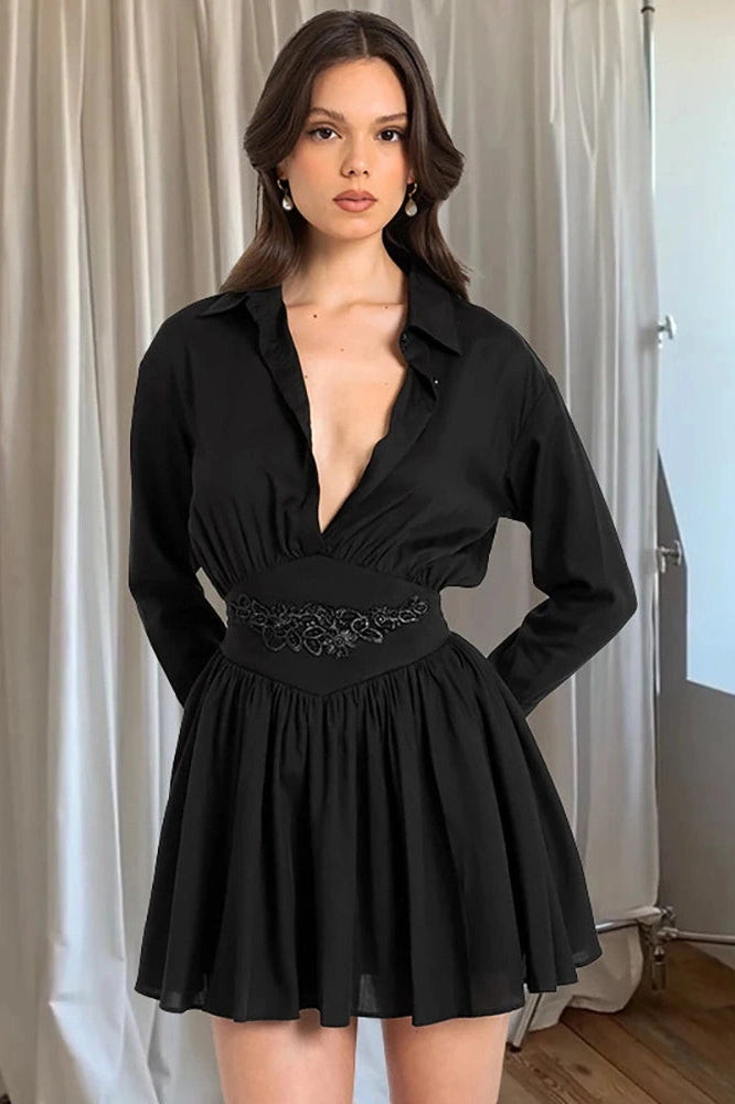 V-Neck Long Sleeve Mini Dress with High Waist