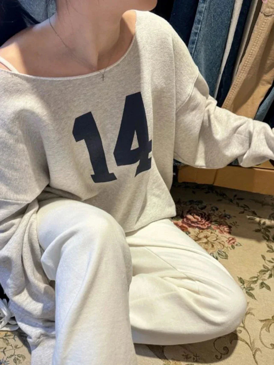 14 Print Oversized Sweatshirt Scoop Neck Long Sleeve Cotton Loose Pullover Streetwear Hoodie Y2k Tops