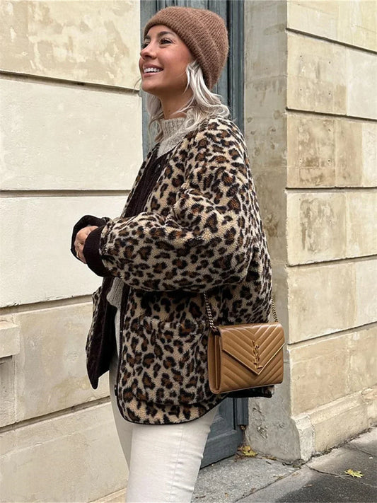 Women Fashion Jacket Winter Casual Ladies Commuter Leopard-print Lamb Wool Solid Jacket For Women's Outwears