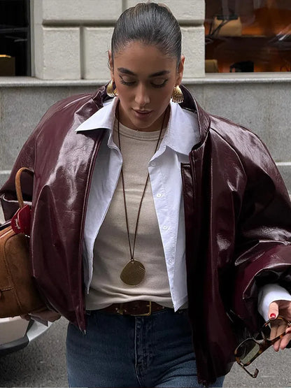 Lady Retro Solid Color Stand Up Collar Pilot Jacket Fashion New Long Sleeved Zipper Jackets High Street Women Commuter Coat