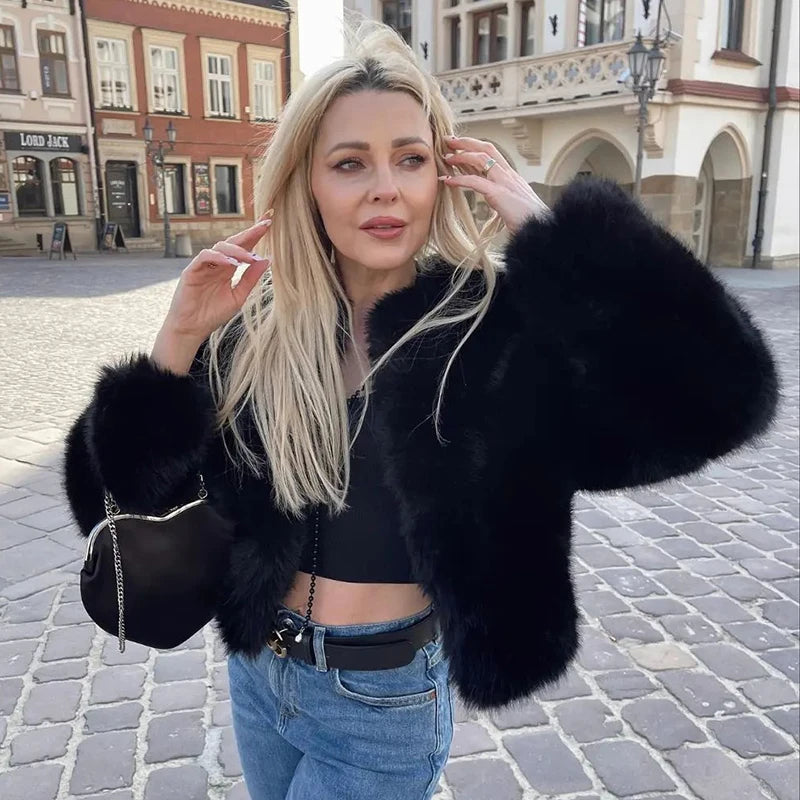 Chic Street Blogger Fashion Girls  Winter Trendy Faux Raccoon Fox Fur Coat Jacket Women Thick Warm Cropped Fluffy Overcoats