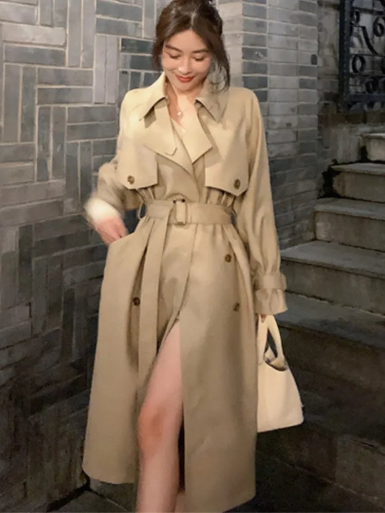 Autumn Winter Khaki Long Trench Coat for Women  Jacket Elegant Outerwear Turn-down Collar Tie Belt Korean Chic Windbreaker