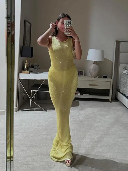 Sequin Slim Maxi Dress Female Backless Glitter See-Through Sexy Patchwork Autumn Women’s Long Club Party Dresses Vestido