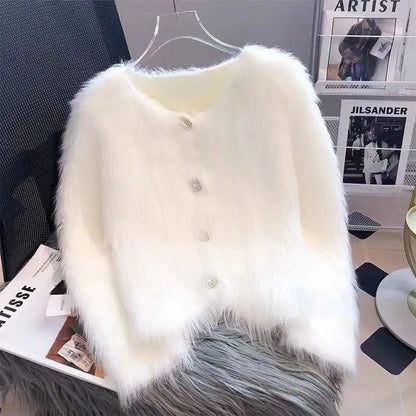 Cropped White Knitted Cardigan Women Korean Mink Cashmere Sweater Outerwear Black Long Sleeve Knitwear Winter Jumpers New