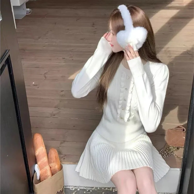 Autumn Preppy Style Knitted 2-piece Sets Women O-neck Long Sleeve Top Pleated Mini Skirt Korean Fashion Casual Outfits New Suit