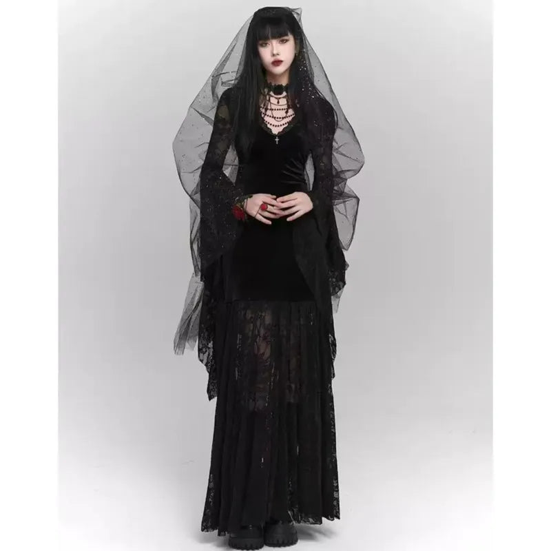Gothic Black Midi Dresses Women V-neck Irregular Flrae Sleeve Y2k Vintage Lace Bandage Dark Style Harajuku Fashion Clothing New