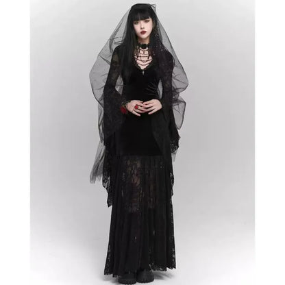 Gothic Black Midi Dresses Women V-neck Irregular Flrae Sleeve Y2k Vintage Lace Bandage Dark Style Harajuku Fashion Clothing New