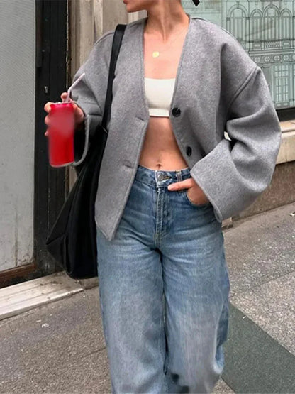 Vintage Solid Single Breasted Short Coats Women Casual Long Sleeves V Neck Crop Jackets Autumn Chic Lady Commuter Outerwear