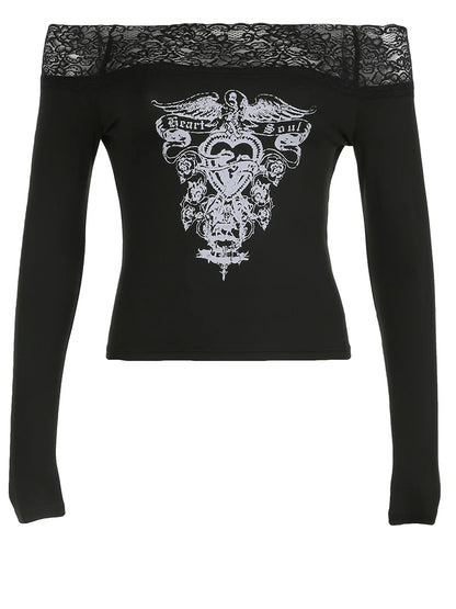 Dark Grunge Print Off Shoulder Long Sleeve Tees Lace Trim Slash Neck Skinny Y2K Black T Shirt Women