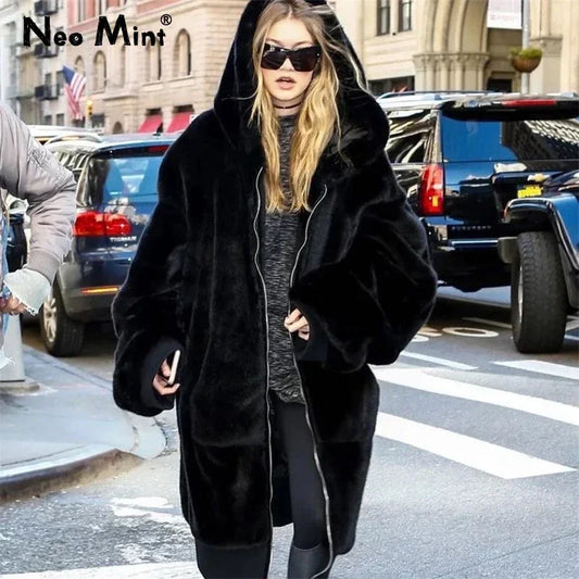 Winter Fashion Runaway Luxury Brand Long Faux Fur Coat Women Jacket Zip Hooded Thick Warm Fake Rabbit Fur Plush Overcoats