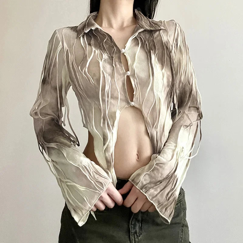 Goth Dark Tassel Tie Dye Fairy Grunge Blouses Gothic Vintage Y2k Frayed Crop Tops Streetwear Long Sleeve Slim T-shirt
