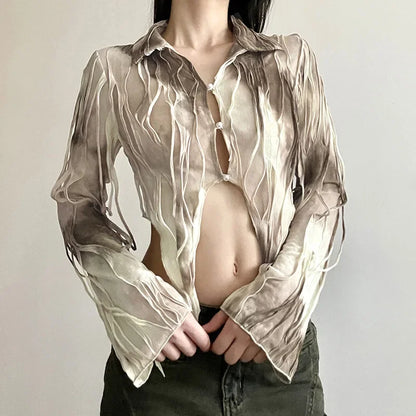 Goth Dark Tassel Tie Dye Fairy Grunge Blouses Gothic Vintage Y2k Frayed Crop Tops Streetwear Long Sleeve Slim T-shirt