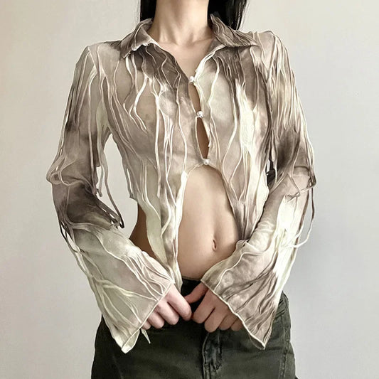 Goth Dark Tassel Tie Dye Fairy Grunge Blouses Gothic Vintage Y2k Frayed Crop Tops Streetwear Long Sleeve Slim T-shirt