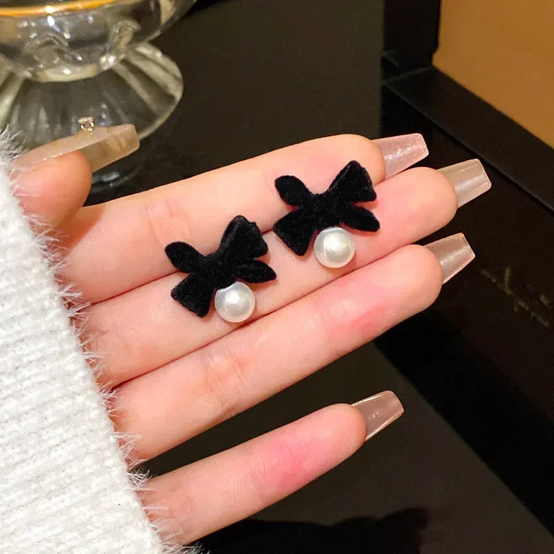 LIZAKOSHT Winter Pearl Bowknot Stud Earrings for Women Happy New Year Gift Jewelry