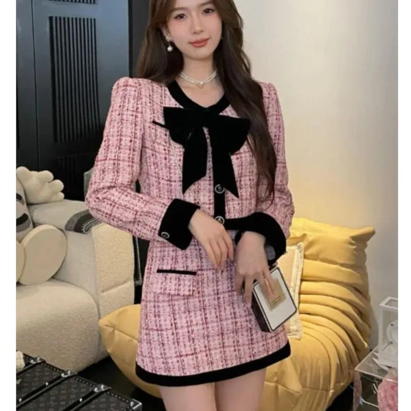 Autumn Winter Tweed Two-Piece Skirt Set Women Short Jacket Coat + Mini Skirt Suits Elegant Korean Fashion Female Outfits