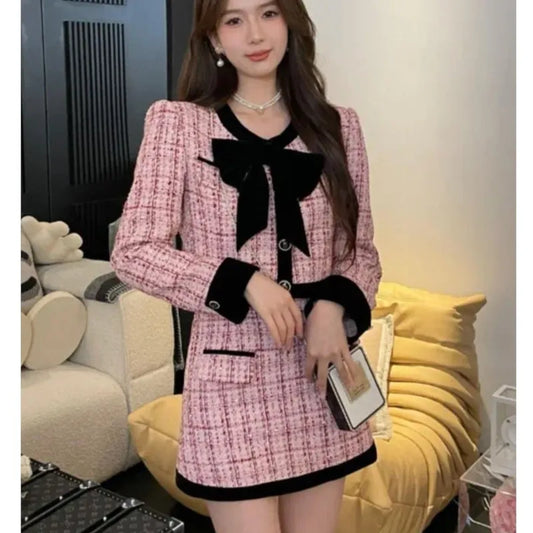 Autumn Winter Tweed Two-Piece Skirt Set Women Short Jacket Coat + Mini Skirt Suits Elegant Korean Fashion Female Outfits