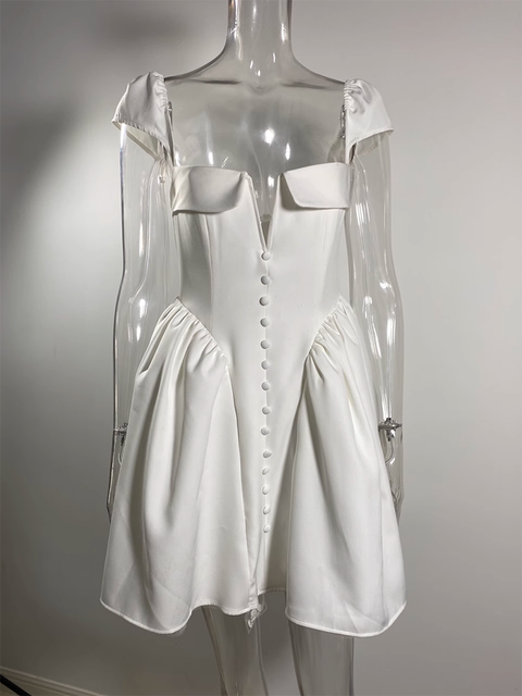 White Backless Sexy Mini Dress For Women Fashion Square Collar Short Sleeve High Waist A-line Club Party Sexy Dress