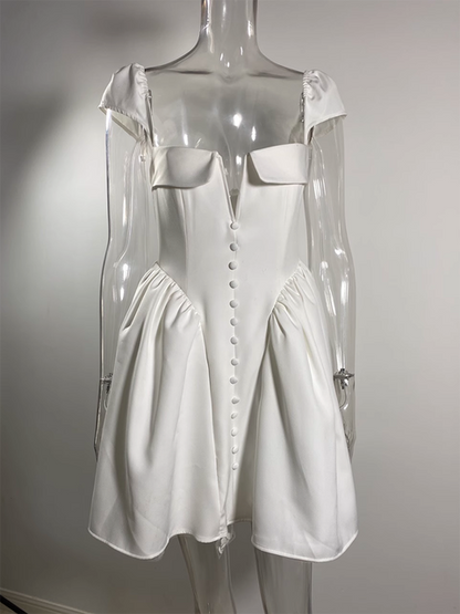 White Backless Sexy Mini Dress For Women Fashion Square Collar Short Sleeve High Waist A-line Club Party Sexy Dress