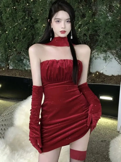 Sexy Bodycon Velvet Mini Dresses for Women Strapless Slim Waist Birthday Party Evening Dress Korean Fashion One Piece Vestidos