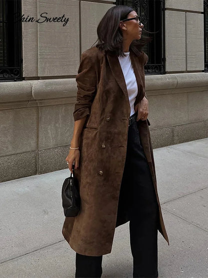 Fashion Lapel Suede Long Jacket Women Elegant Oversized Double-breasted Trench Overcoat  Autumn Lady Commute Outerwear New