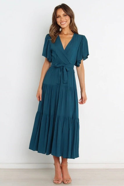 Trendy Solid Color Ruffles Long Dresses Women Sexy V-neck Ruffle Sleeves Leace-up Temperament Elegant Lady Dress 2025 Summer New