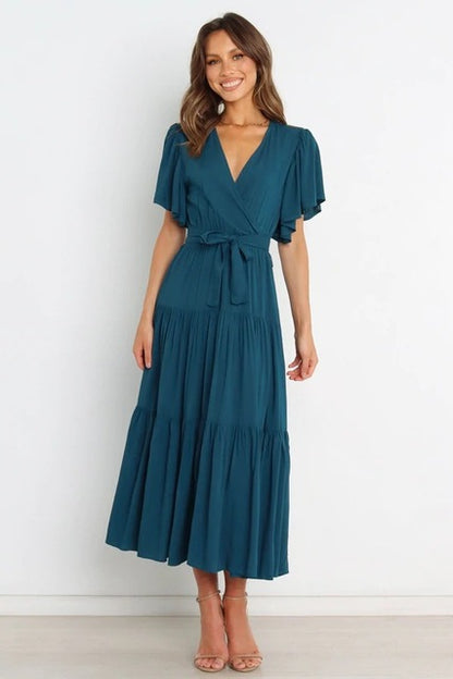 Trendy Solid Color Ruffles Long Dresses Women Sexy V-neck Ruffle Sleeves Leace-up Temperament Elegant Lady Dress 2025 Summer New