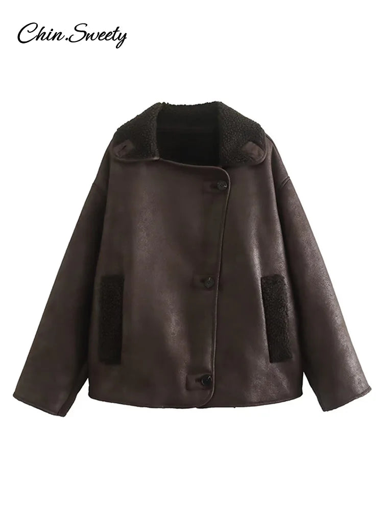 Vintage Women’s Leather Jacket Loose Thick Warm Lapel Single Breasted Long Sleeve Fleece Jacket  Fall Winter Street Outwear