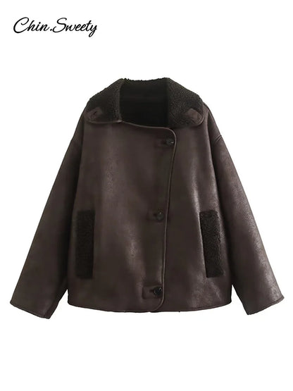 Vintage Women’s Leather Jacket Loose Thick Warm Lapel Single Breasted Long Sleeve Fleece Jacket  Fall Winter Street Outwear