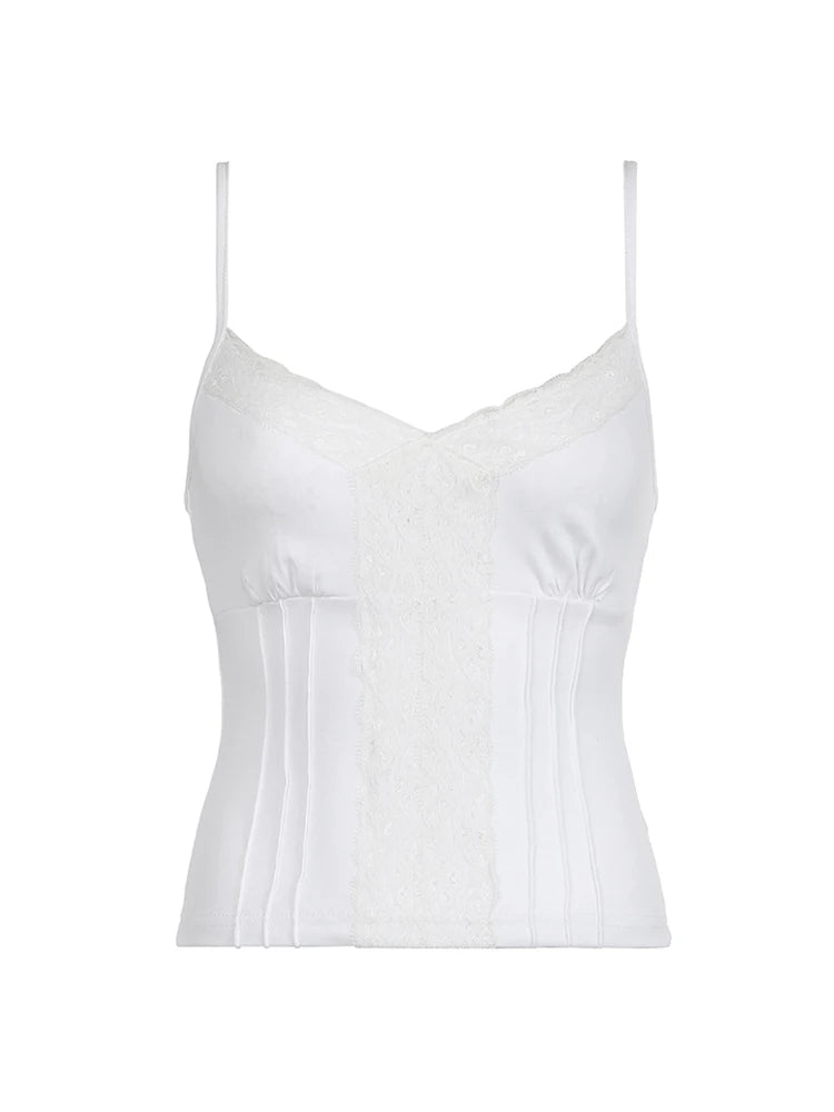 Black Solid Lace Patchwork Slim V Neck Basic Cute Camisole Women White Y2K Crop Top