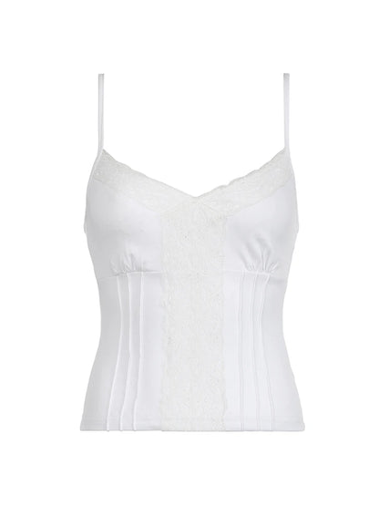 Black Solid Lace Patchwork Slim V Neck Basic Cute Camisole Women White Y2K Crop Top