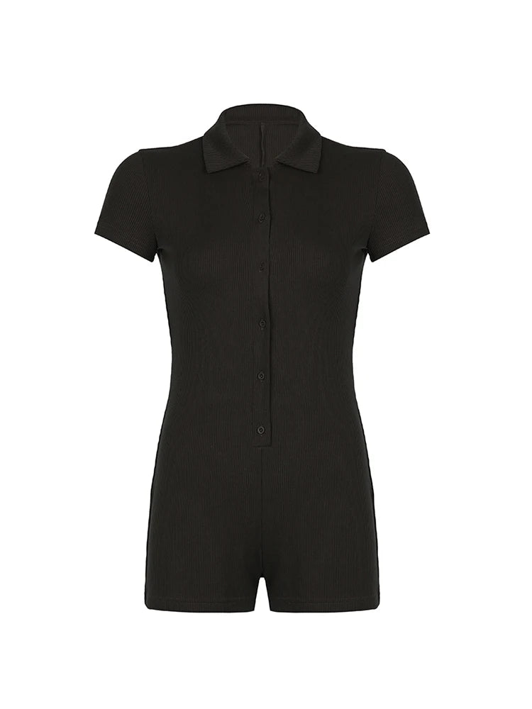 Solid Button Up Turn Down Collar Short Sleeve Slim Ribbed Rompers Womens Playsuit Basic Vintage Casual Summer Shirts