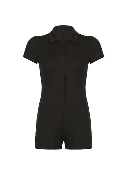Solid Button Up Turn Down Collar Short Sleeve Slim Ribbed Rompers Womens Playsuit Basic Vintage Casual Summer Shirts
