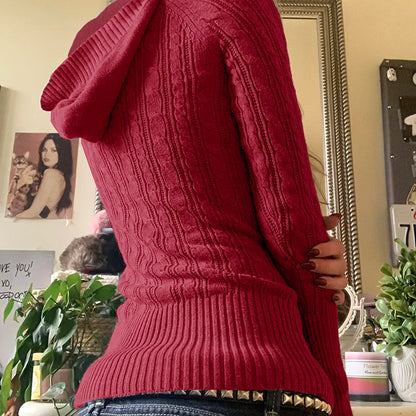 Solid Twist Knit Fitted Sweater Top V Neck with Hooded Women Long Sleeve Pullovers Knitwear Casual Basic Y2K Outfits