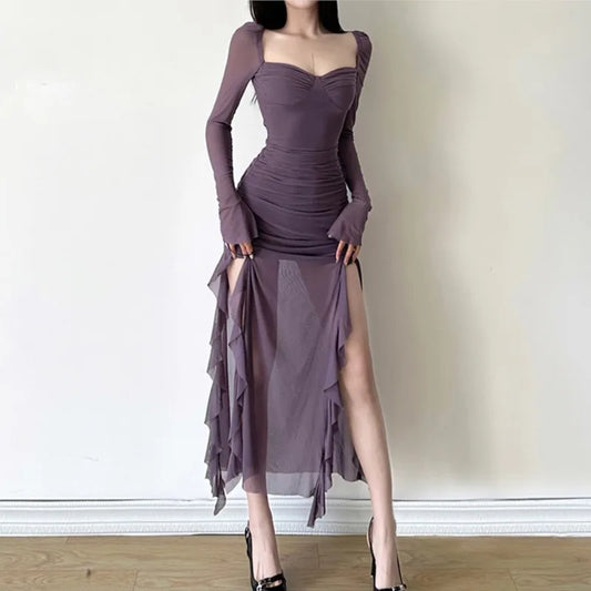 Sexy High Slit Bodycon Midi Dresses for Women Square Collar Long Sleeve Slim Evening Party Dress Club Prom Robe Y2K Vestidos New
