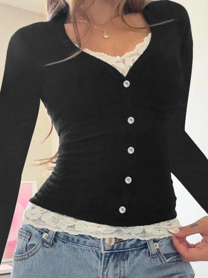 Contrast Lace Patchwork Cute Y2K Slim Long Sleeve Black T-Shirts Women Button Up V Neck Basic Spring Autumn Tee