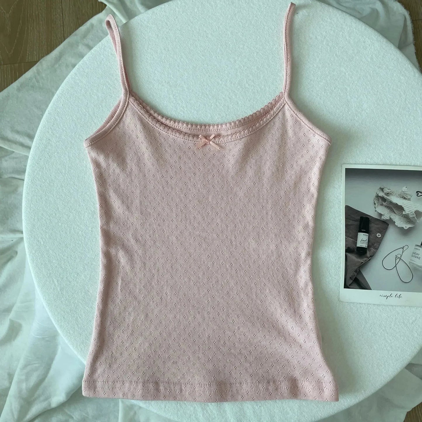 Floral Eyelet Bow Cotton Crop Tops Lace Trim Sleeveless Slim Tank Top Preppy Style Sweet Camisole Y2k Clothes