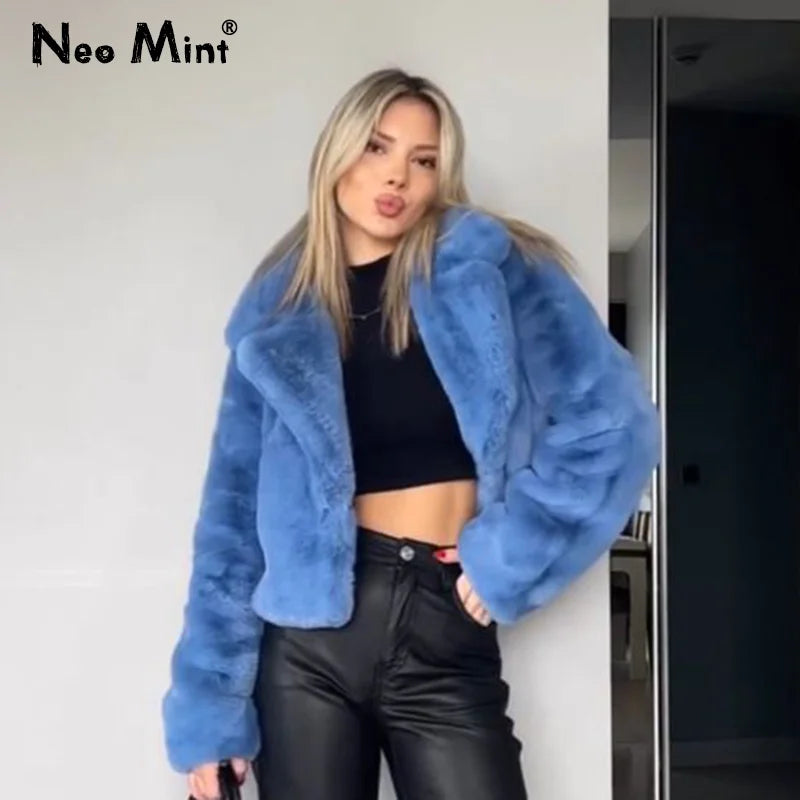 Ins Chic Street Fashion Girls Blue Cropped Plush Fur Coat Women Winter  New Trend Faux Rabbit Fur Jacket Coats Short Outwear