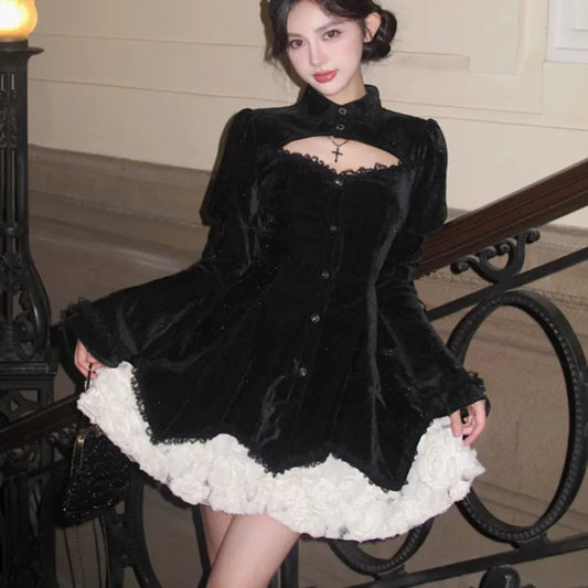 Y2K Gothic Black Mini Dresses Women Flare Sleeve O-neck Hollow Out Ruffles Patchwork A-line Korean Chic Party Dress Autumn New