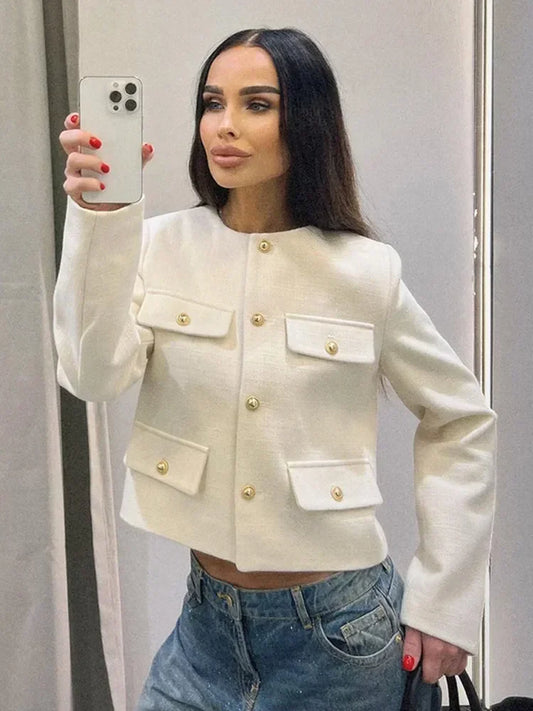 Elegant Solid Button Fake Pocket Jacket Women's Fashion O-neck Long Sleeve Single Breasted Cropped Coats New Lady Chic Outerwear