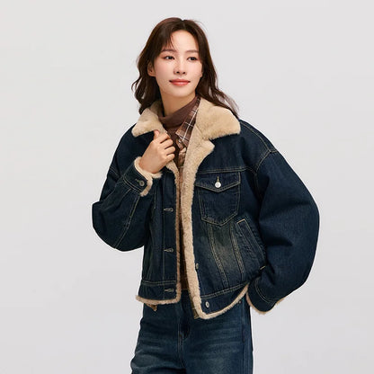 Denim Jacket Women Patchwork Imitation Rabbit Fur Lapel Loose  New Winter Quilted Jacket